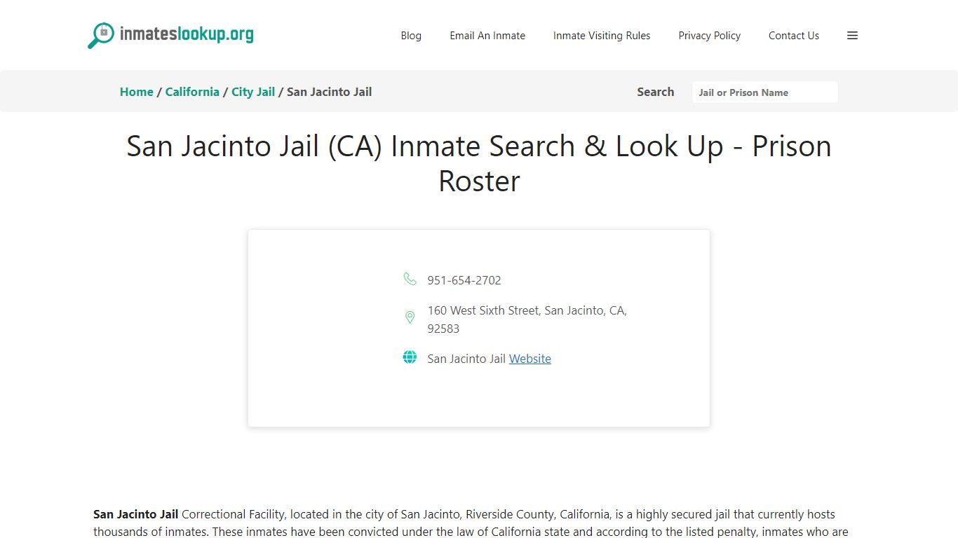 San Jacinto Jail (CA) Inmate Search & Look Up - Prison Roster
